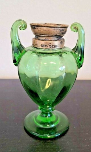Vtg Green Glass Standing Urn - Shaped Oil Lamp Base W/o Burner & Chimney Sterling
