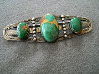 Native American Indian Green Turquoise Sterling Silver Stamped Pin Harvey Era
