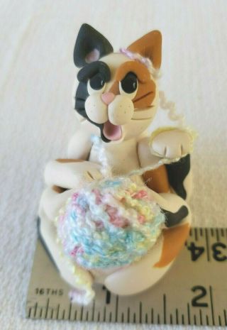Cecile Baird Polymer Clay Cat Figurine Ball Of Yarn Calico Cat Miniature Vintage