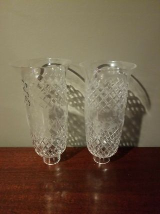 Pair Cut Crystal Glass Hurricane Candle Lamp Shades 9 ",  1 1/2 " Fitter
