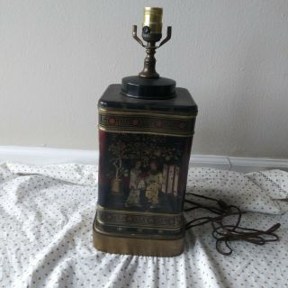 Vintage Asian Oriental Tea Tin Table Lamp 26.  5 " Tall X 6.  5 " Wide
