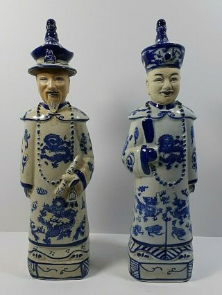 2 Vintage Blue And White Porcelain Statue Qing Dynasty Chinese Emperors Figurine