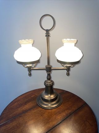 Vintage Double Arm Brass Student Desk Lamp W/ Diamond Quilted Beaded Neck Shades
