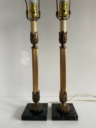 Pair 2 Vintage Art Deco Vanity Boudoir Table Lamps Gold W/black Marble Base