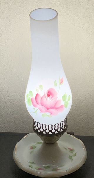 Vintage White Milk Glass 14 " Hurricane Boudoir Table Lamp Hand Painted Pink Roses