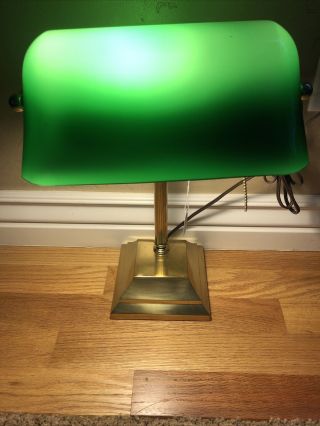 Vintage Heavy Brass Bankers Desk Lamp With Green Glass Shade