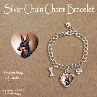 Toy Manchester Terrier Dog - Charm Bracelet Silver Chain & Heart
