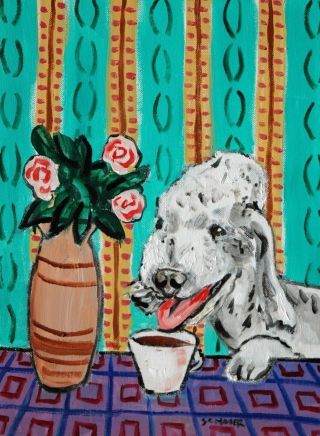 Bedlington Terrier Signed Dog Art Print 11x14 Animals Impressionism Coffee