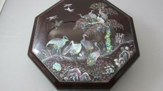 Vintage Asian Octagon Mother Of Pearl Brown Lacquer Sectioned Box