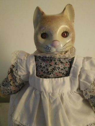 Vintage Cat Doll In Dress,  Porcelain And Cloth