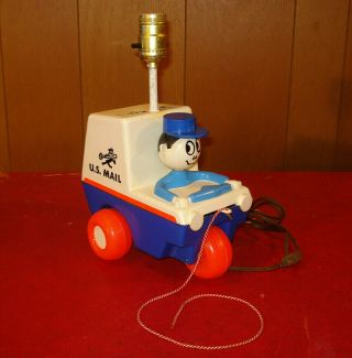 Vintage Kusan Toys U.  S.  Mail Mr.  Zip Cushman 3 Wheel Pull Toy Converted To Lamp