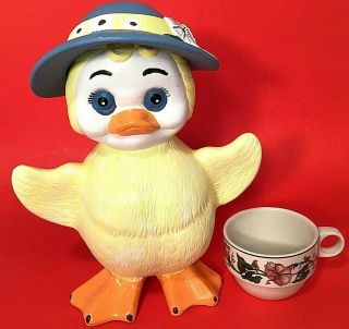 Duck Figurine Hand Decorated Bonnet Ceramic Large 10 1/4 Inches Easter Duckling