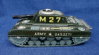 Vintage Green Army Tank M27 Litho Tin Embossed Toy Japan 8.  5 " Long Printed Metal