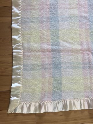 Vintage Chatham Baby Blanket Nylon Trim Plaid Pastel 37”x 53”
