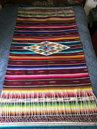 Vintage 69” X 34” Mexican Serape Eye Dazzler Rug Blanket Runner Nos
