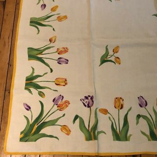 Large Rectangular Vintage Linen Tablecloth & 8 Napkins Tulips Print 88”x60”
