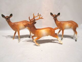 Vintage Deer Figurine Set Of 3 Hard Plastic Doe Buck Bambi Christmas L@@k