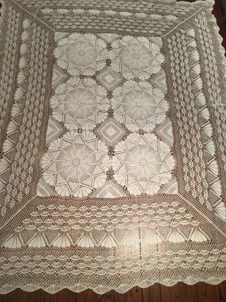 Extraordinary Vintage Hand Crocheted Large 83” X 110”tablecloth Pristine White