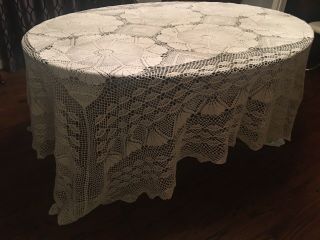 Extraordinary Vintage Hand Crocheted Large 83” X 110”Tablecloth Pristine White 2