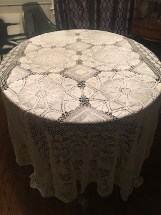 Extraordinary Vintage Hand Crocheted Large 83” X 110”Tablecloth Pristine White 3