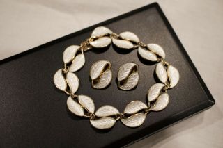 Vtg David Andersen White Enamel Double Leaf Sterling Silver Bracelet & Earrings