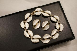 VTG David Andersen White Enamel Double Leaf Sterling Silver Bracelet & Earrings 2