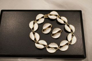 VTG David Andersen White Enamel Double Leaf Sterling Silver Bracelet & Earrings 3