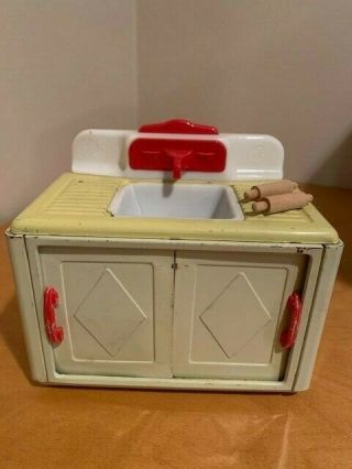 Vintage Tin Toy Kitchen Sink And Cabinet -