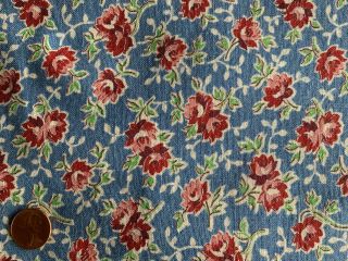 One Vintage Feedsack Red Flowers On Blue 38x25 (50) Smholes O/w Pristine