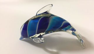 Glass Dolphin Figurine Paper Weight 6 " Swirl Blue Teal White & Clear
