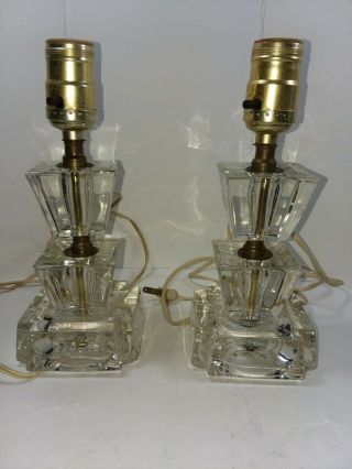 Vintage Pair Crystal Boudoir Lamps Art Deco Regency Tiered Squares