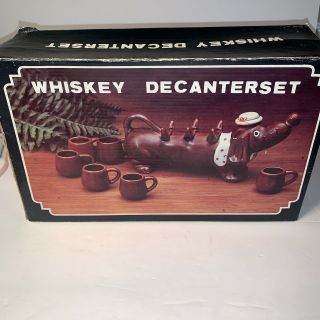 Vintage Dachshund Liquor / Liqueur Brown Ceramic Decanter And 6 Shot Glasses
