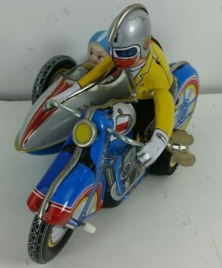 Vintage China 605 Wind Up Tin Toy Motorcycle With Sidecar
