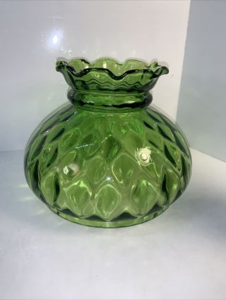 Vintage 7 " Diamond Quilted Dark Green Glass Oil Student Lamp Shade Crimp Top