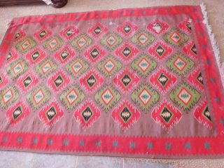 Southwest Style Woven WOOL Rug Textile Tribal Native Fringe 77 x 53 Old WORN 2