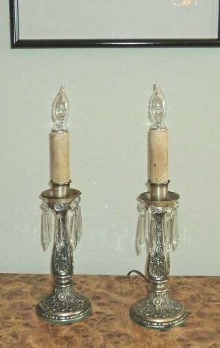 Vintage Heavy Ornate Bronze Candlestick Table Lamps W/prisms
