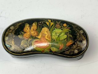 Signed,  Beautifully Hand Painted Russian Lacquer Kidney - Shaped Box Fable Scene