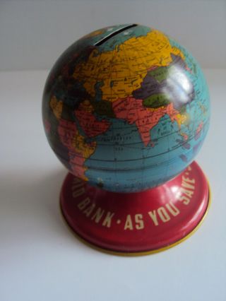 Vintage 1950s Ohio Art Co.  Tin Litho World Globe Coin Bank Toy