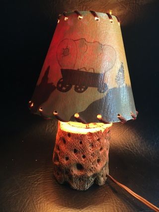 Vintage Cholla Cactus Lamp With Hand Painted Laced Shade Rustic Cowboy Ranch