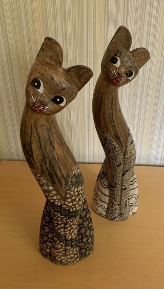 Vintage Mid Century Modern Wooden Cat Sculptures Set Of Two.