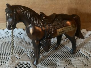 Vintage Horse Figurine 7 " Pot Metal Copper - Milwaukee Souvenir - Home Of The Braves
