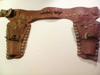 Vintage Brown Leather Western Boy Double Holster Gunbelt Rig Cowboy Toy