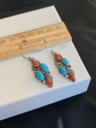 Vintage Sterling Silver Navajo Turquoise Red Coral Native American Hook Earrings