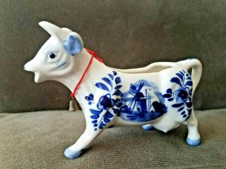 Blue & White Cow Creamer,  7 1/2 " Long 4 " Tall,  Cow Pitcher Vintage Signed Delft