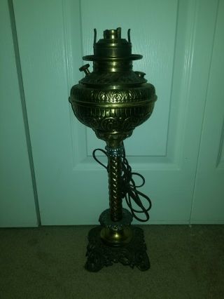 Vintage Brass Converted Kerosene Oil To Electric Table Lamp 22 "