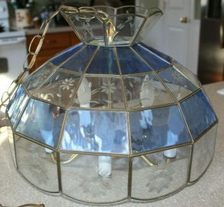 Blue And Clear Vintage Hanging Leaded Stained (?) Glass Swag Lamp