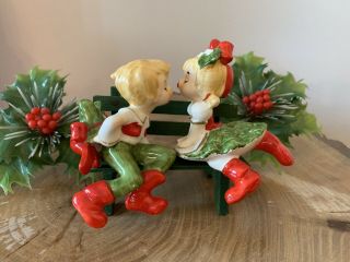Vintage Lefton Christmas Sitting Kissing Boy Girl W/ Bench Lederhosen Japan