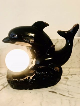 Vintage Mcm Ceramic Tv Lamp Black Dolphins Jumping In Waves