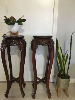 Oriental Plant Stands With Marble Top Inserts,