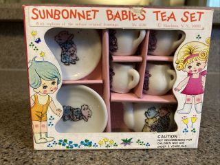 Vtg Shackman Doll Sunbonnet Babies Miniature Toy China Tea Set Japan